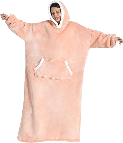 Manta con capucha para mujeresniñoshombres, manta de gran tamaño y acogedora sudadera con capucha con forro de sherpa (rosa, de gran tamaño)