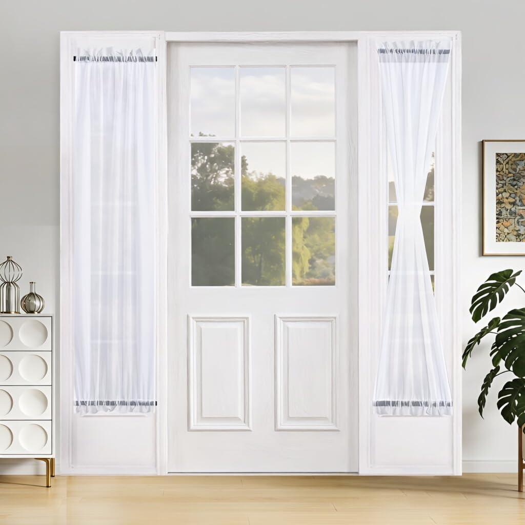 Aquazolax Pure White French Door Curtain Panel Elegant Soild Voile Panels Rod Pocket Transparent Sheer Curtain for Patio Door 25"x72" - 1 Panel