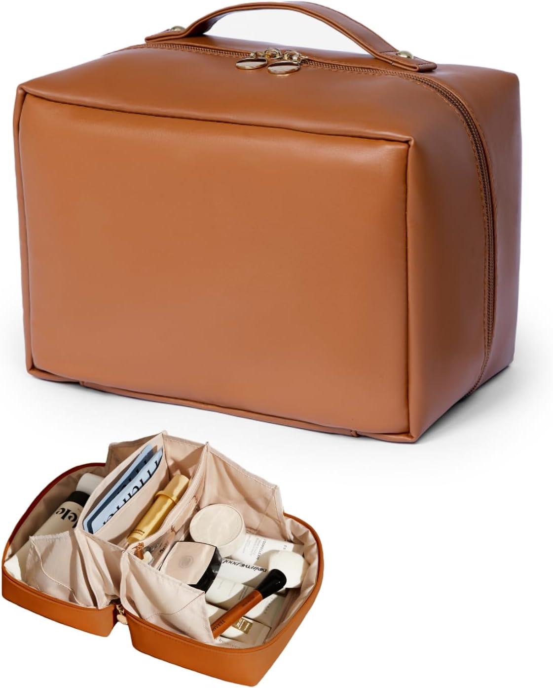 Travel Makeup Bag Large Capacity Cosmetic Bags Flat Open Make up Bag with Multiple Compartments Portable Toiletry Bag Waterproof PU Leather Pouch for Women Beauty & Travel Essentials (Brown)