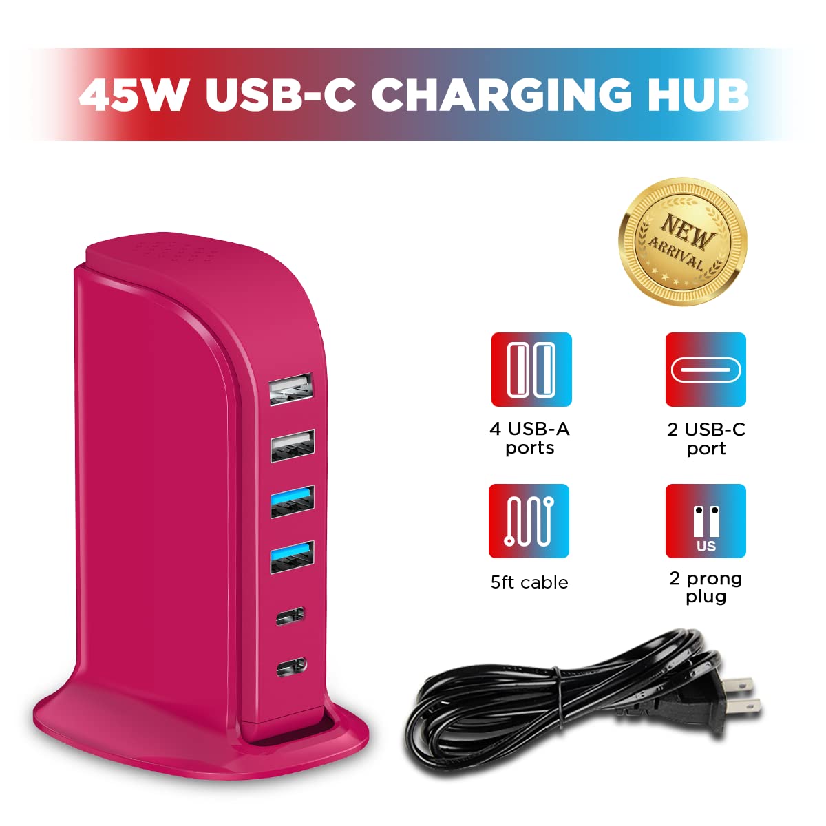 Stacja ładująca USB, wieloporty, koncentrator ładujący, 6 portów, podwójny typ C, wieża USB, szybkie ładowanie do tabletów, telefonów komórkowych, smartwatchów i innych gadżetów elektronicznych