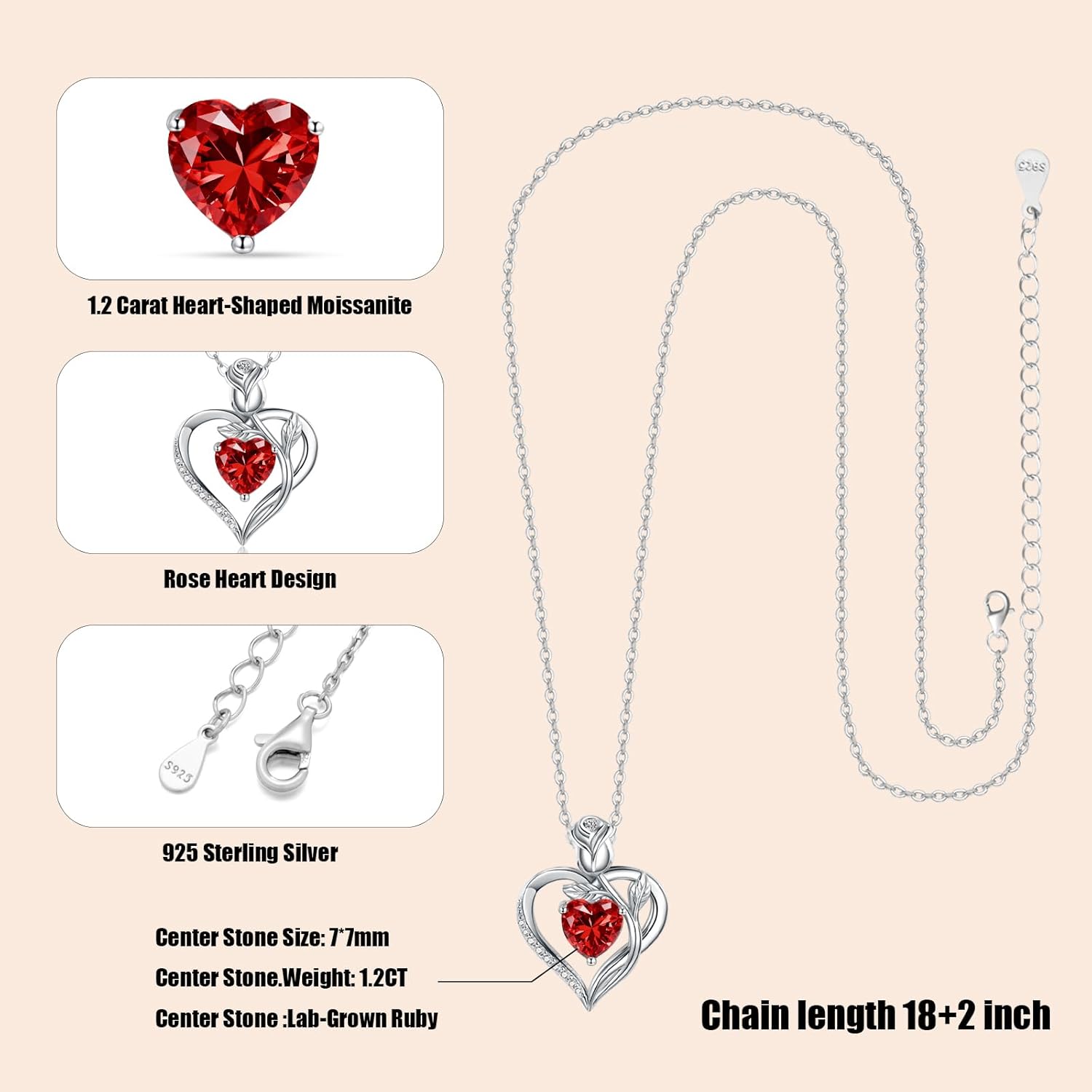 1.2CT Rose Heart Necklace Option of Moissanite or Lab-Grown Sapphire Ruby Emerald&M... - Image 5