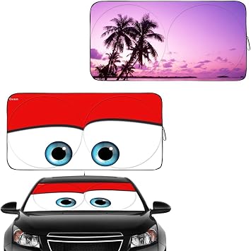 Gven Windshield Shade, Car Sun Shade for Front Windshield Funny Car Eyes Sunshades Sun Visor Protector Blocks UV Rays Foldable 210T Keep Your Vehicle Cool Eyes-red, L + Sunset, L