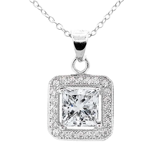 Cate & Chloe Ivy 18k White Gold Plated Princess Cut Halo Pendant Necklace - Silver Halo Necklace w/Solitaire Square Cut Cubic Zirconia Diamond - Wedding Anniversary