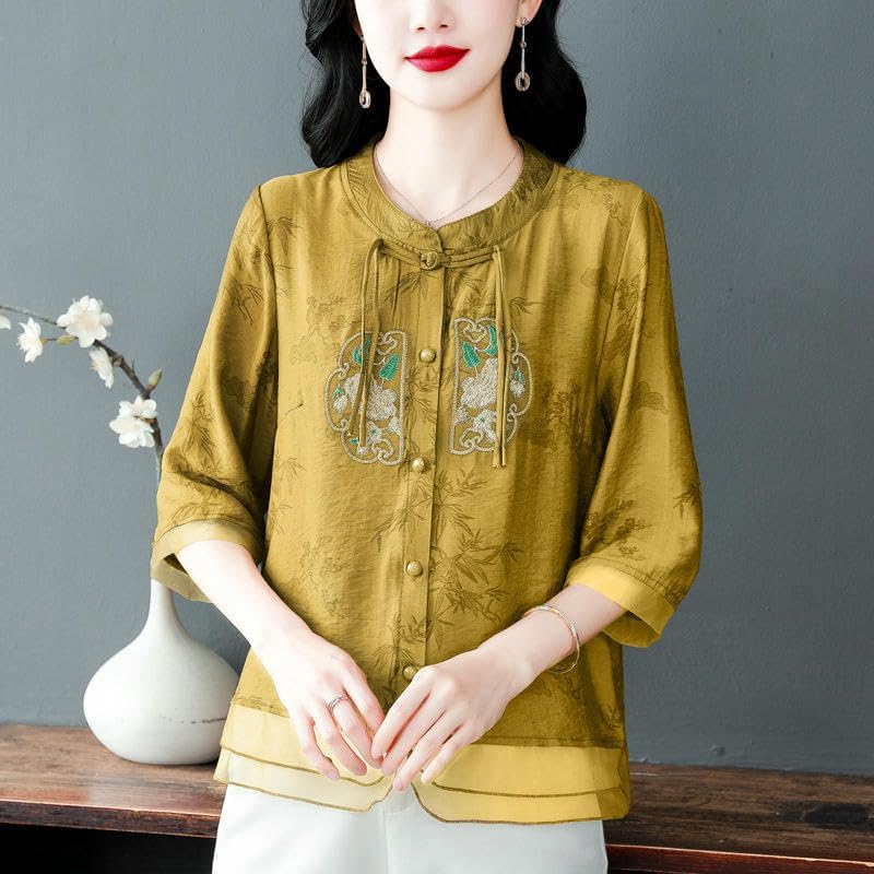 JYHBHMZG Women's Linen Cotton Chinese Style Embroidered Blouse Round Neck Top