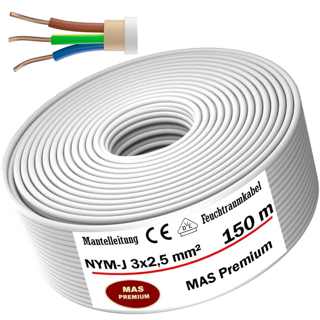 Cable de alimentación para ambientes húmedos, cable de alimentación de 5 m hasta 170 m, NYM-J, 3 x 2,5 mm², anillo de cable eléctrico para instalación fija (150 m)