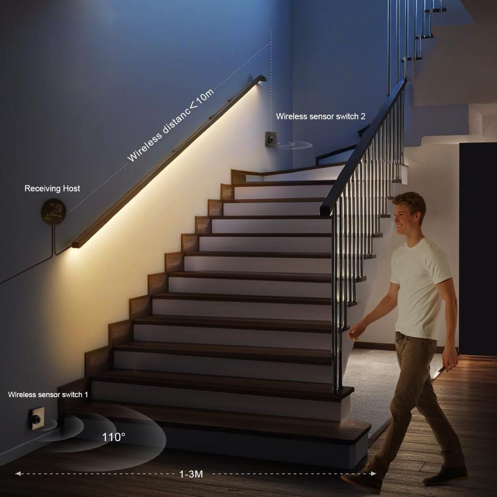 OOWOKS Tira LED con 2 sensores de movimiento 24V COB 320 LED/m 3000K blanco cálido Tiras LED autoadhesivas con fuente de alimentación Iluminación para escaleras Luz activada por movimiento,6000k,5M