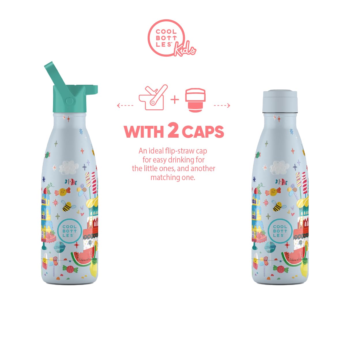Cool Bottles - Butelka termiczna dla dzieci - Butelka na wodę ze stali nierdzewnej - 350 ml - Candy Land- Zimne napoje 36 godzin i gorące 18 godzin - Wykończenie farbą wytłaczaną - Nie zawiera BPA