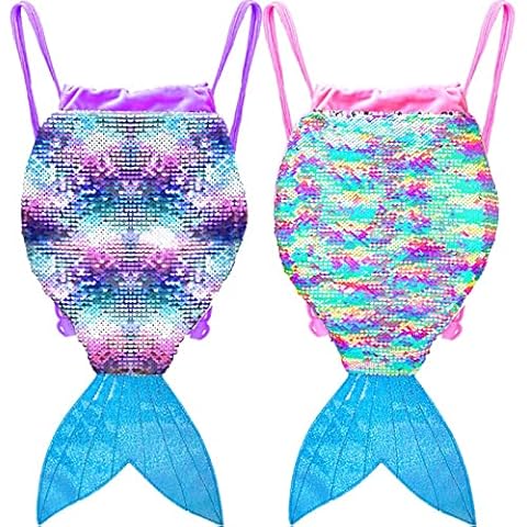 2PCS Mermaid Bag, Girls Drawstring Backpack Reversible Sequin Cover