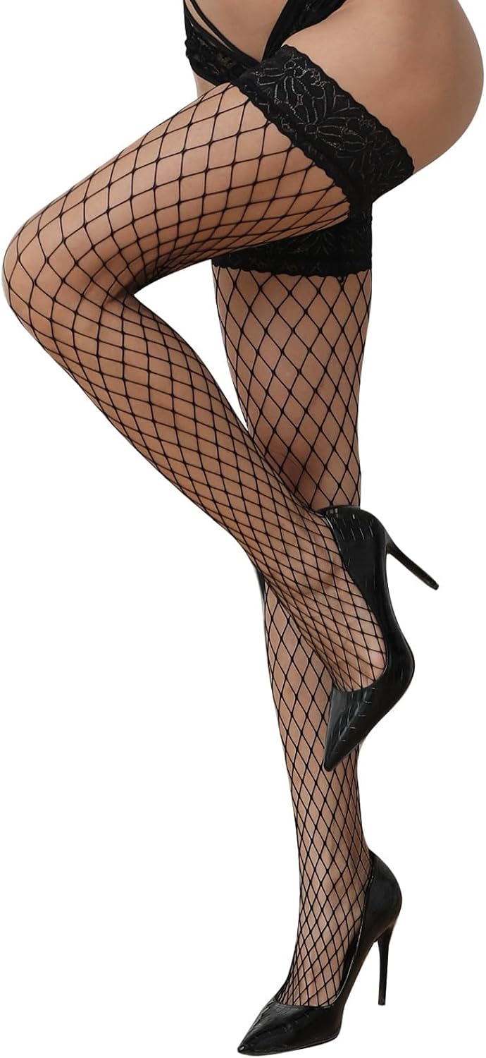 Moon Wood Fishnet Thigh High Stockings for Women Sheer Silicone Lace Top Stay Up Sexy Hosiery for Daily Party