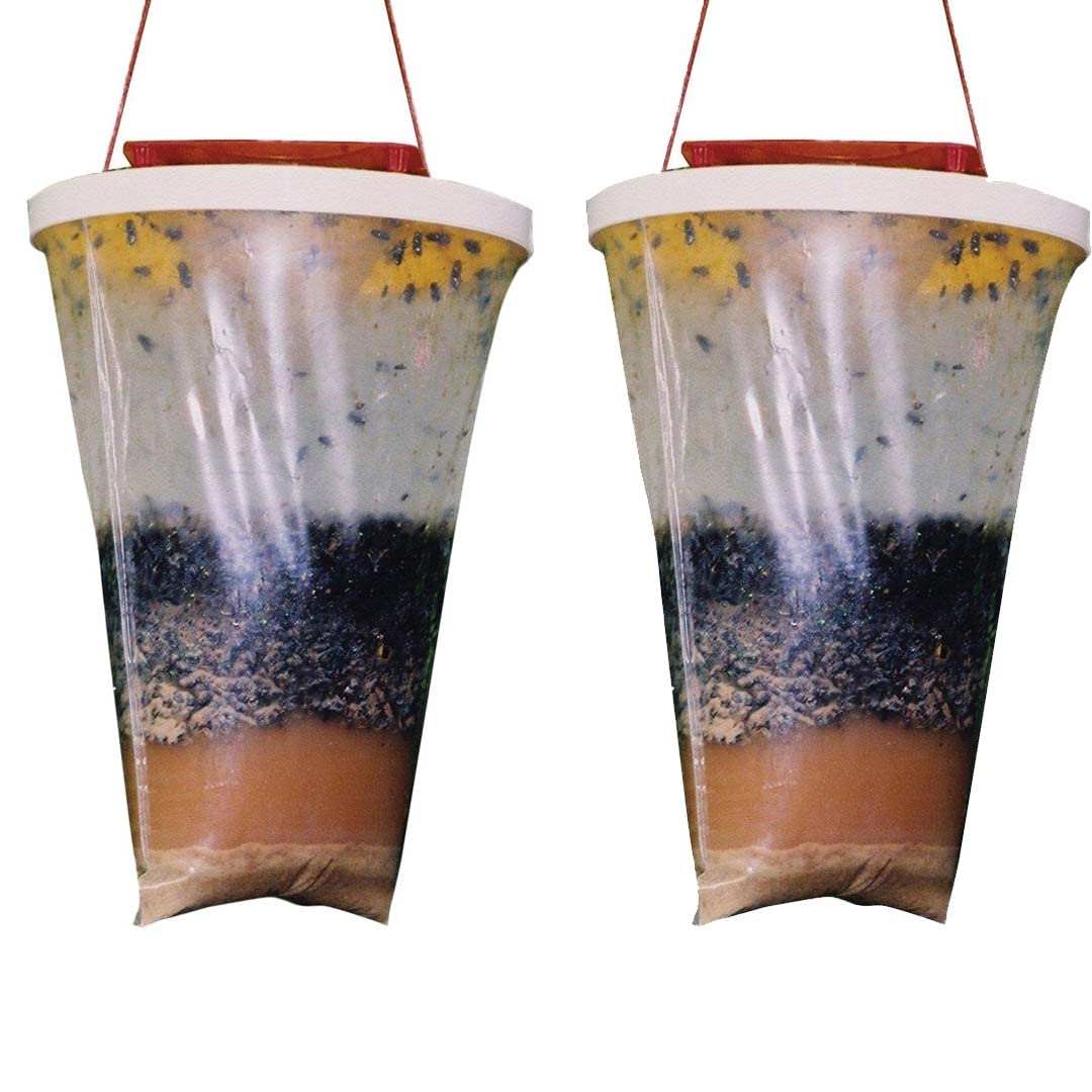 Fly Trap Bags, Hanging Fly Trap Bags, Fruit Fly Killer, Professional Trap Catches Flies, Insects and Bugs, Ranch Fly Trap with Bait for Outdoor, Gardens, Farms, Cattle farm, Horse Barn (2 Pack)