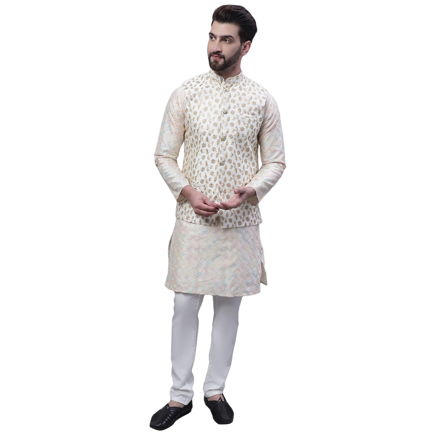 Sojanya Men's Silk Blend Cream Kurta And Cream Pyjama With Cream Embroidery Nehru Jacket