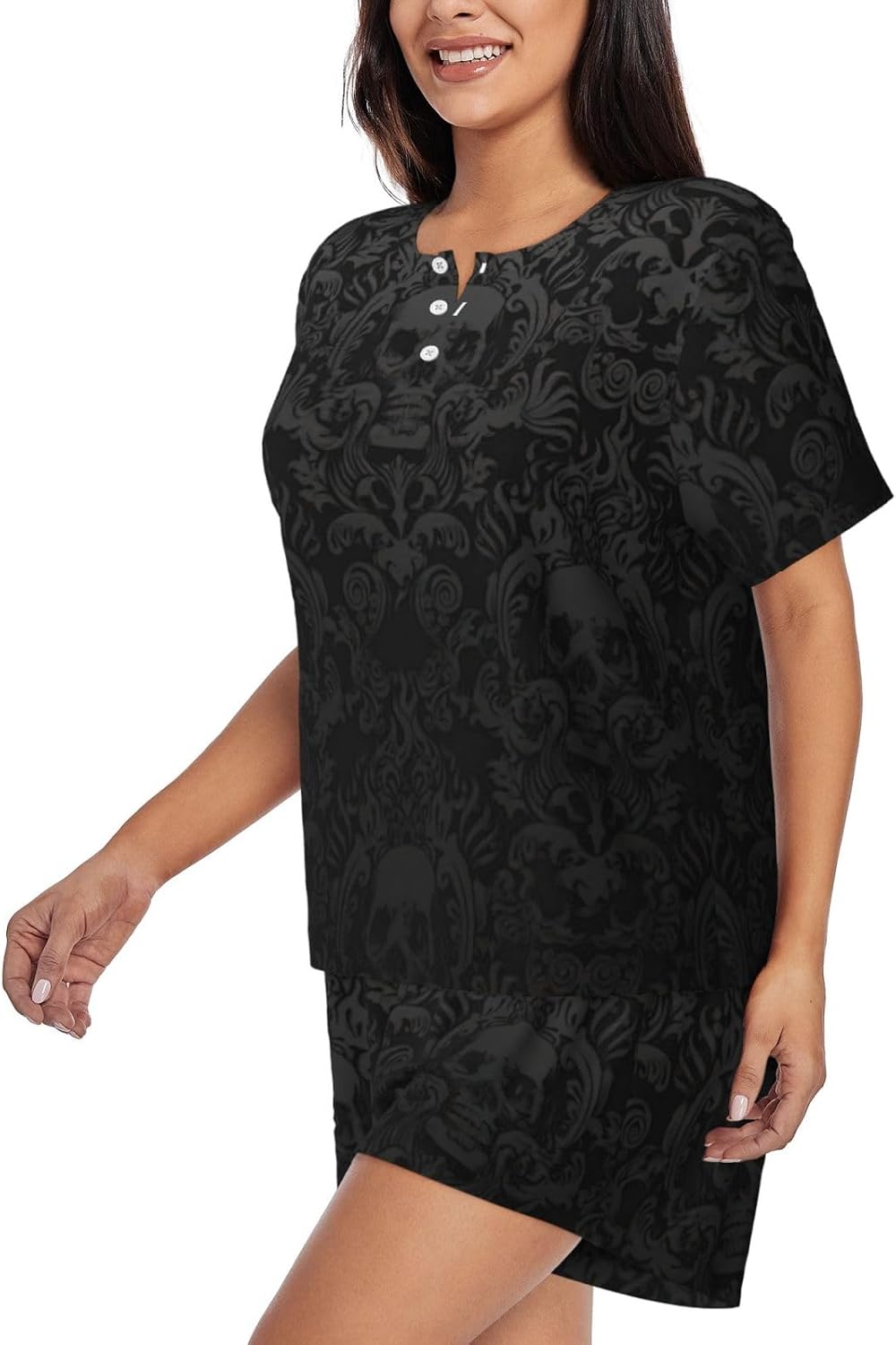 Gothic Wallpaper Skull Print Cute Short Sleeve Pajama Set For Women Casual Loungewear With Pockets Four Seasons