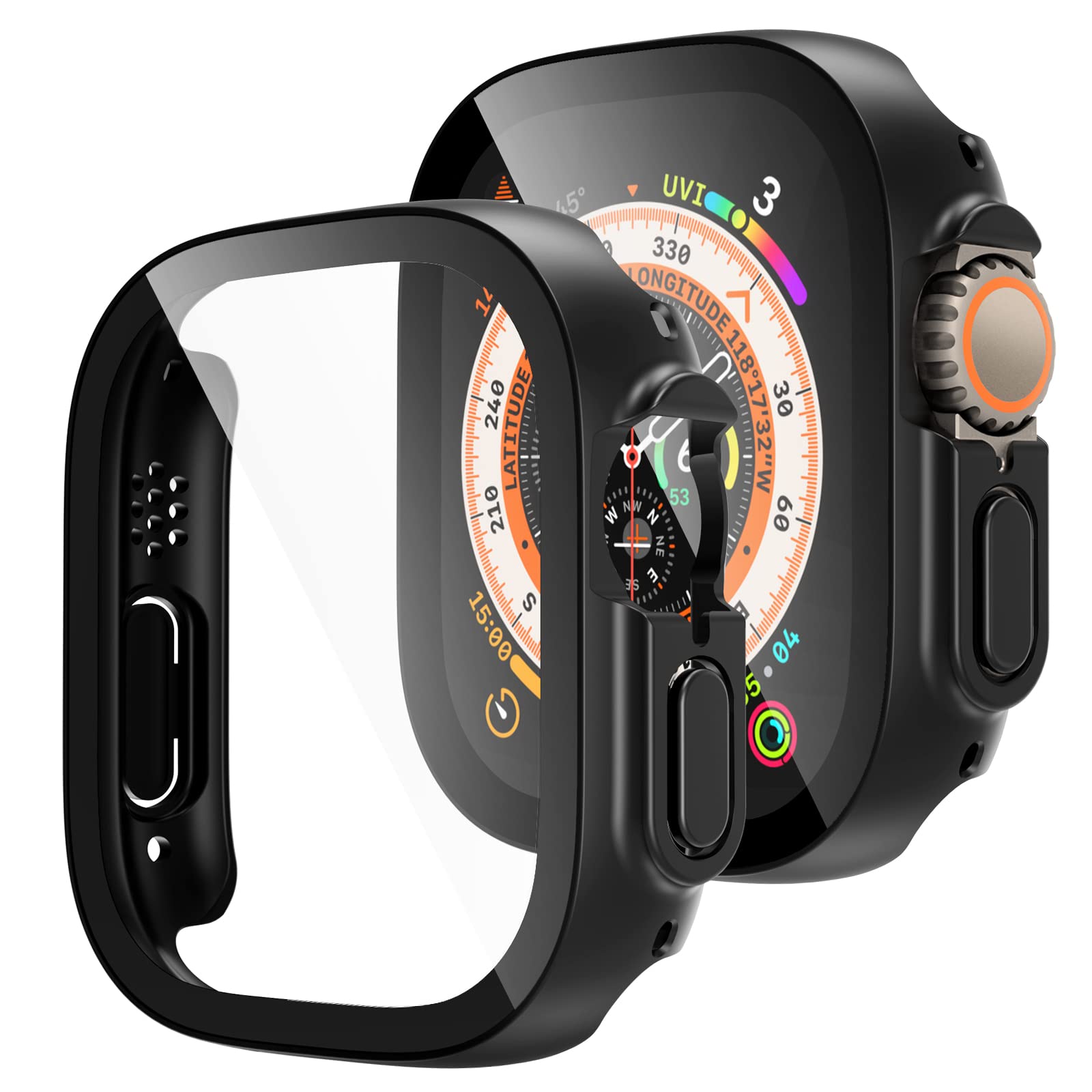 2 Pack HATOSHI Hard PC Case for Apple Watch Ultra 2 / Ultra 49mm with Tempered Glass Screen Protector, Ultra-Thin All Around Protective Touch Sensitive Glass Screen Cover for iWatch 49mm, Black