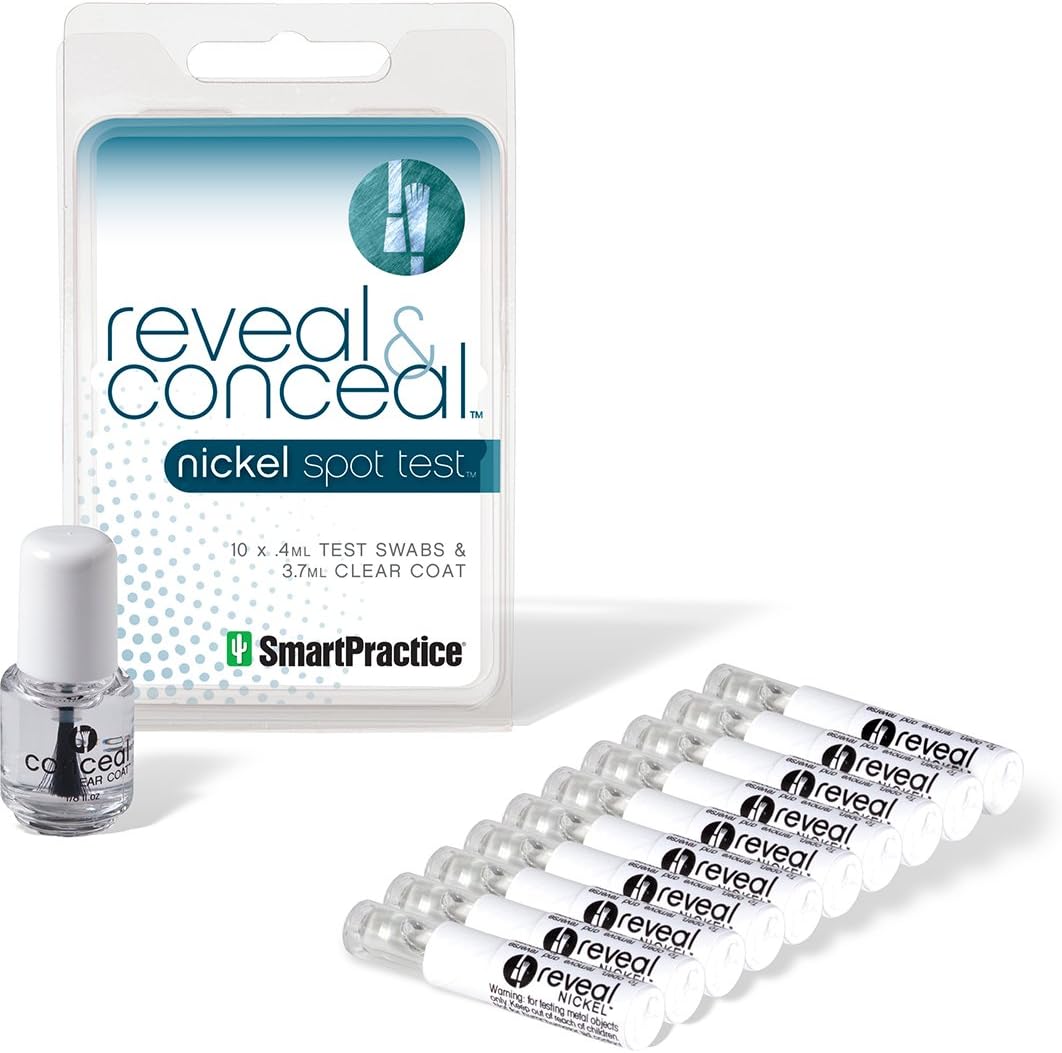 Reveal and Conceal Nickel Allergy Test Kit by Smart Practice - Detecting Nickel is a Snap - Test for Nickel in Your Jewelry and Prevent Skin Exposure With Liquid Clear Coat - Includes 10 Test Swabs