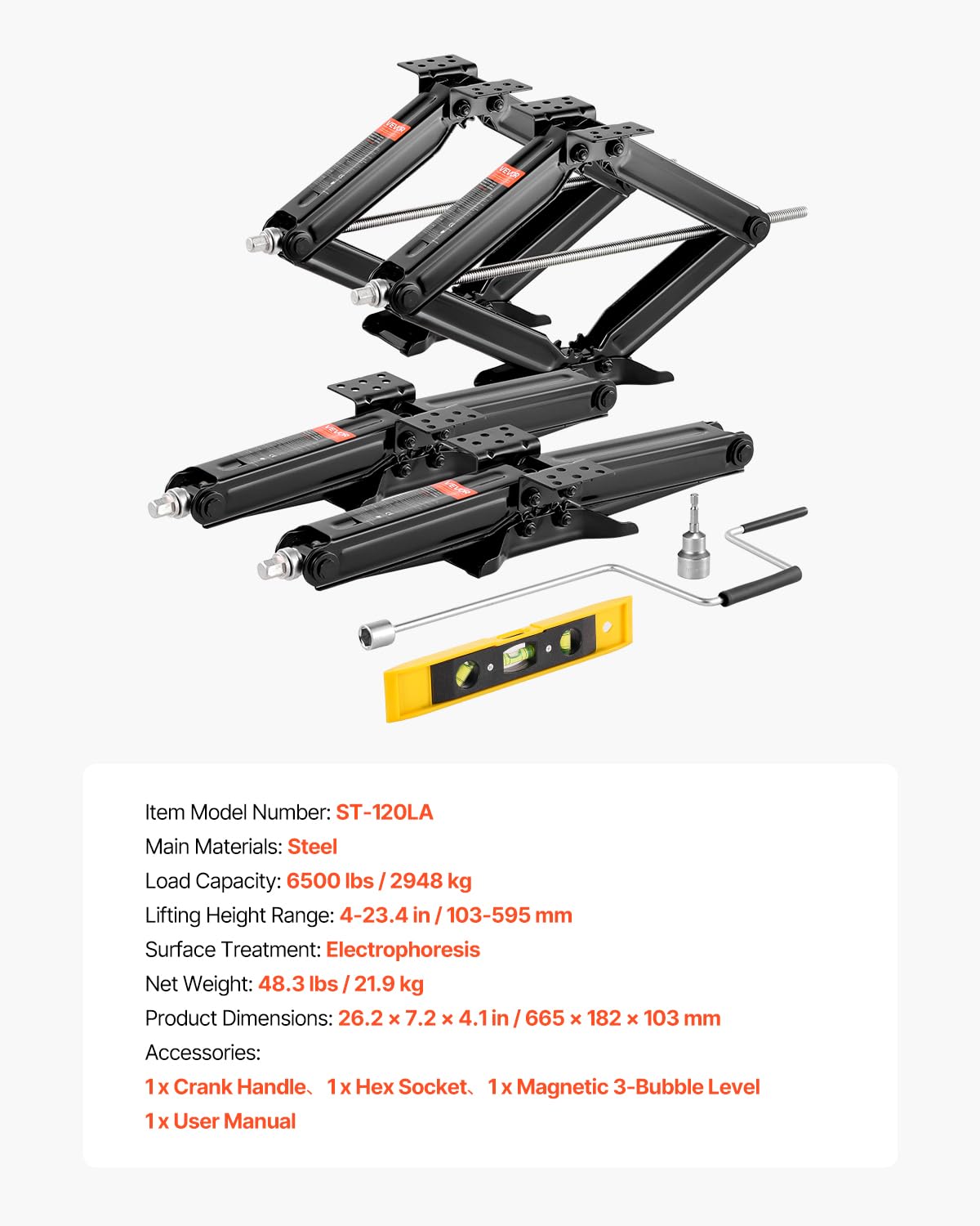 VEVOR Podnośniki nożycowe do kampera 2,948.4 kg, stabilizator do kampera, podnośniki nożycowe, zestaw 4 sztuk, wytrzymałe podnośniki stabilizatora z uchwytem korbowym, gniazdem i poziomicami bąbelków