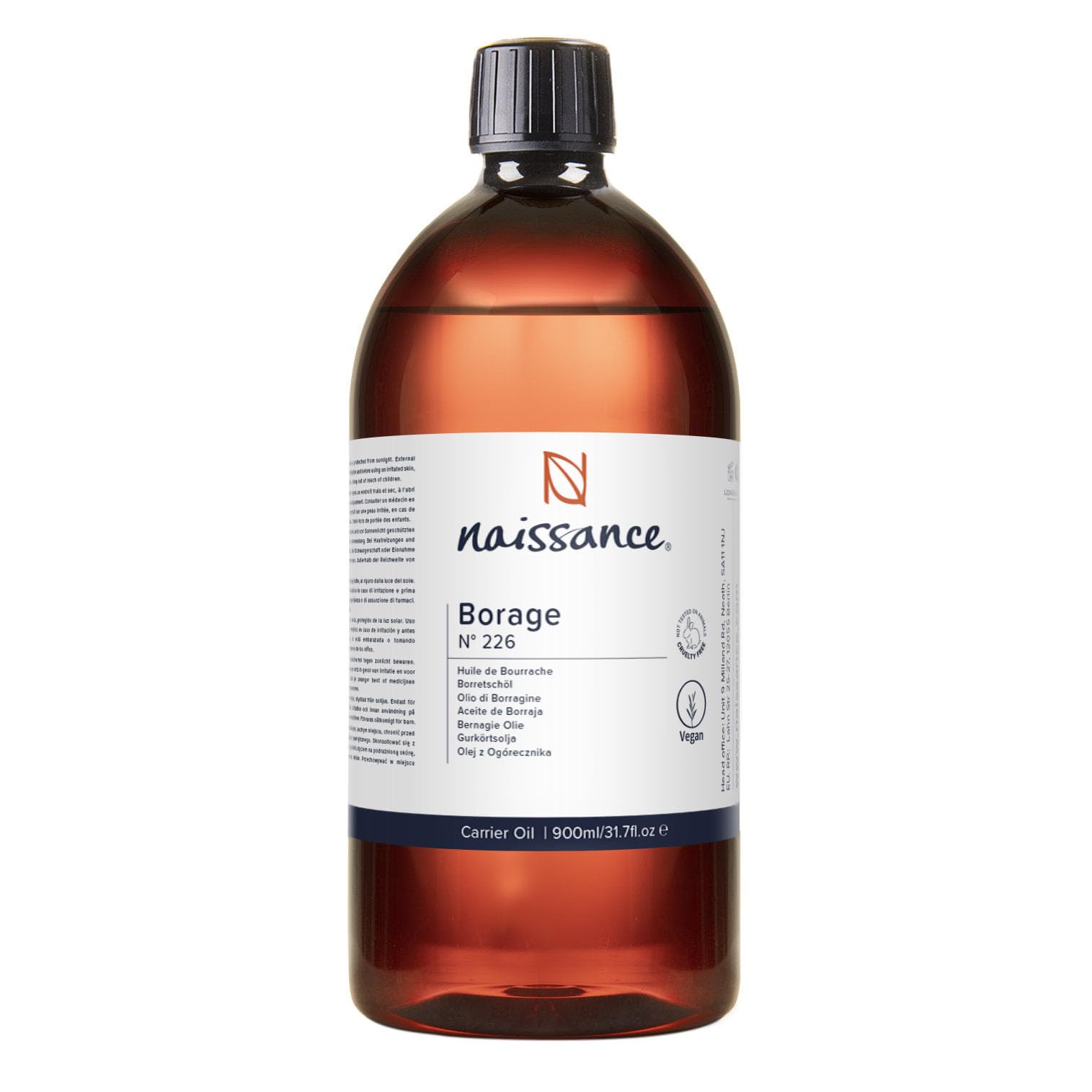 Naissance Borage (Starflower) Seed Oil (No. 226), 900ml, Naturally High in GLA (Gamma-Linolenic Acid), for Skin Face, Body