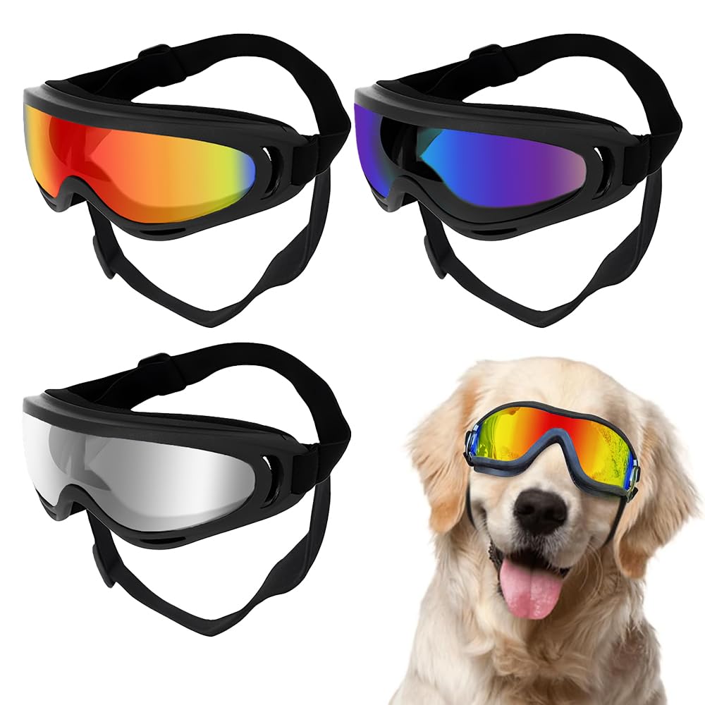 JOAASU 3 Pieces Dog Goggles, Dog Sunglasses with Elastic Strap, Pet Goggles, Waterproof & UV Protection Sunglasses