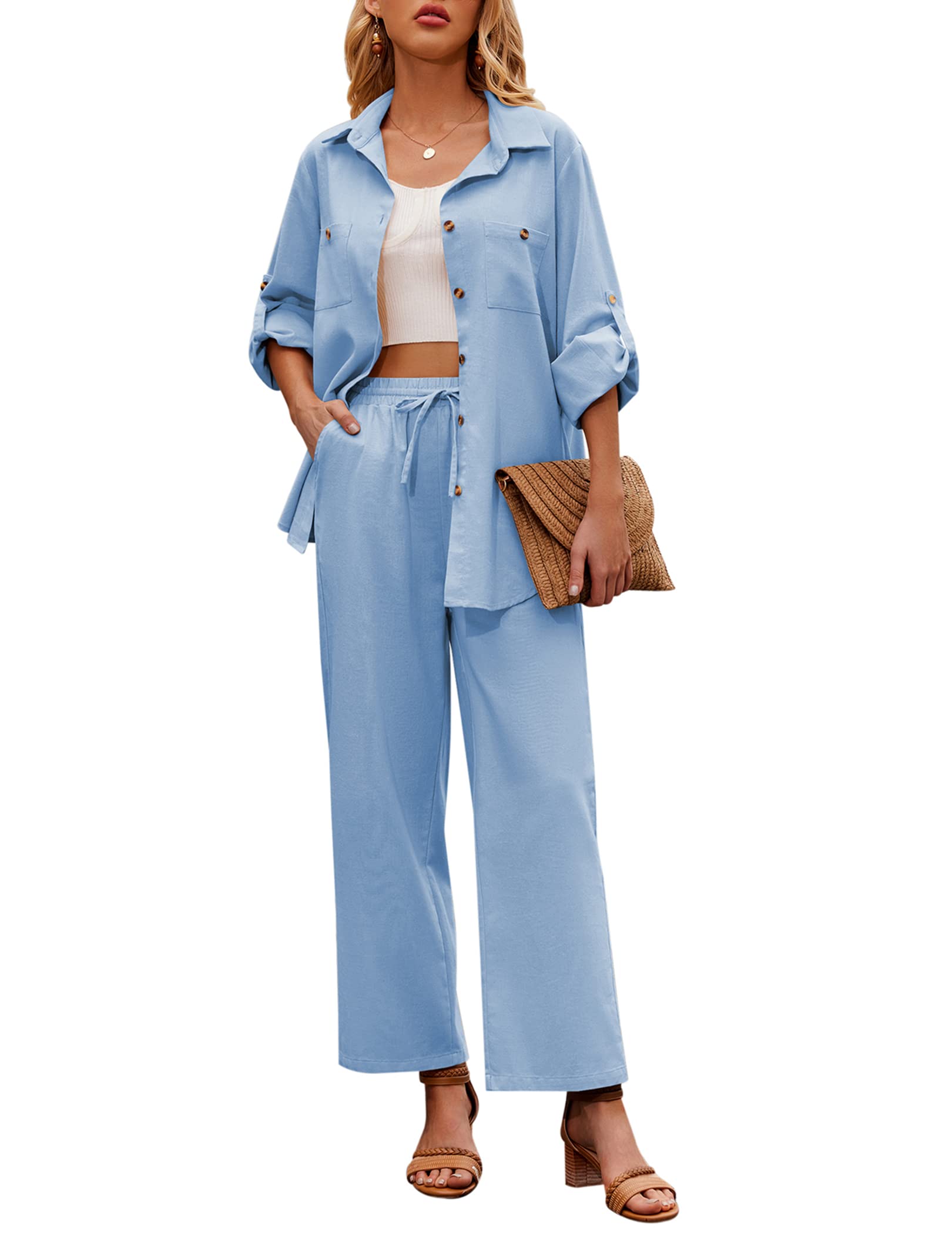 ZeagooWomen 2 Piece Linen Sets 2023 Button Down Shirt and Drawstring Long Pants Set Summer Outfits