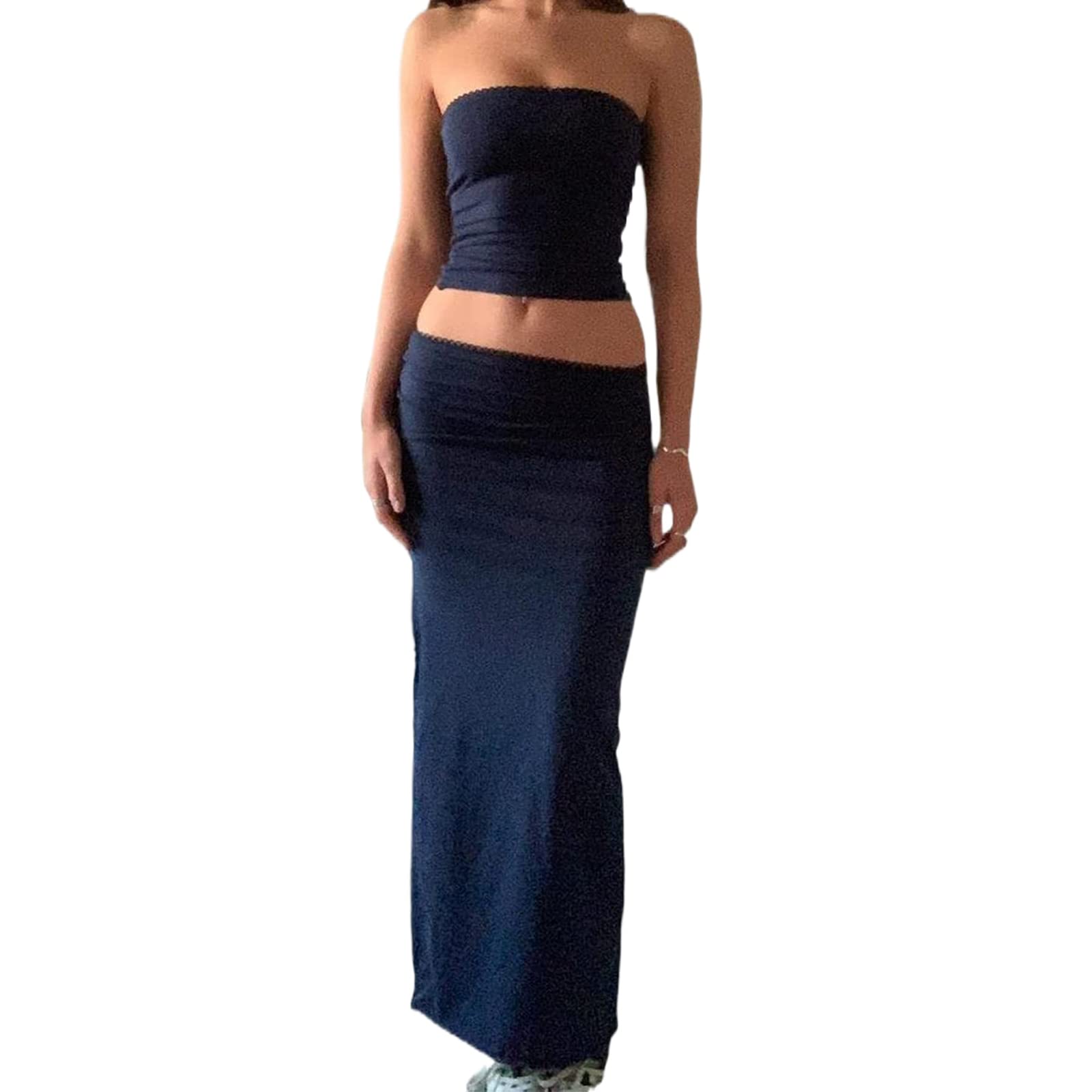 Bowanadacles2 Piece Outfits for Women Knit 2pcs Tube Top and Bodycon Maxi Skirt Set Summer Stripe Crochet Sets Beachwear