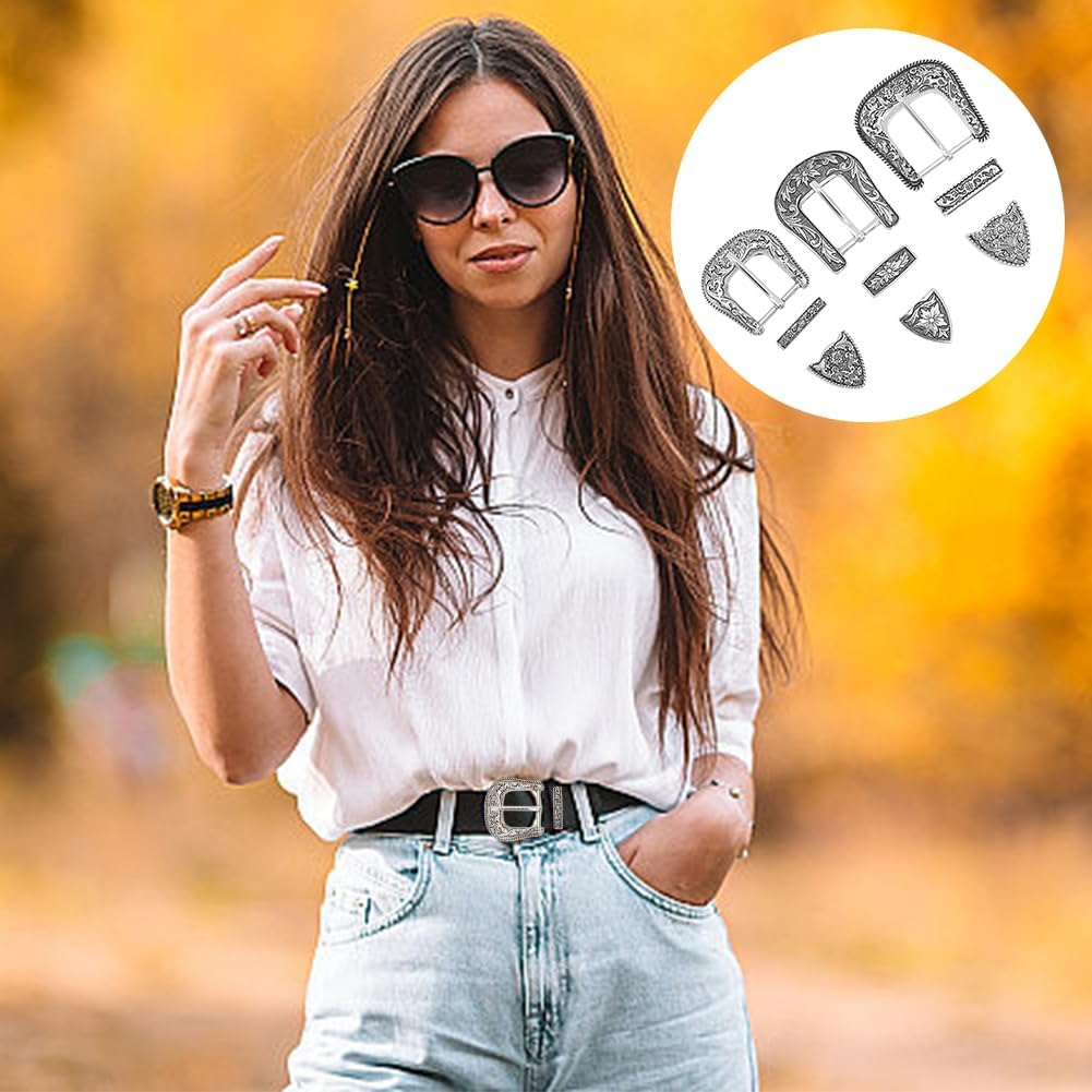 SUPERFINDINGS Western Floral Engraved Replacement Belt Buckle Set Antique Silver Belt Sets Hand Polished Cowboy Buckle Set