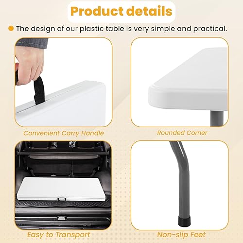 Miniatura 7 de FDW Mesa plegable de 6 pies, mesa portátil plegable de plástico para fiesta de picnic con asa de transporte (blanco, 6 pies)
