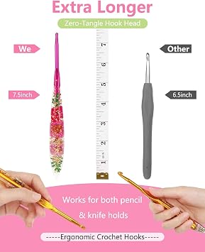 Katech 5mm Crochet Hooks with Floral Pattern-Elegant &Unique Crochet Needles-Longer Smooth Glide Crocheting Hook for Arthritic Hands, Beginners & Professional Ideal Crochet Gift(H)