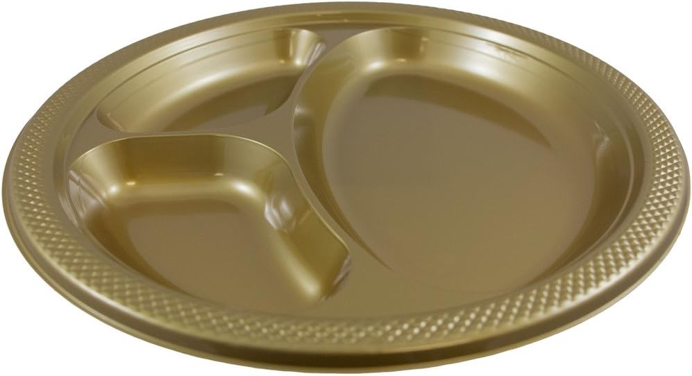 JAM PAPER Plastic 3 Compartment Divided Plates - Large - 10 1/4 inch - Gold - 20/Pack