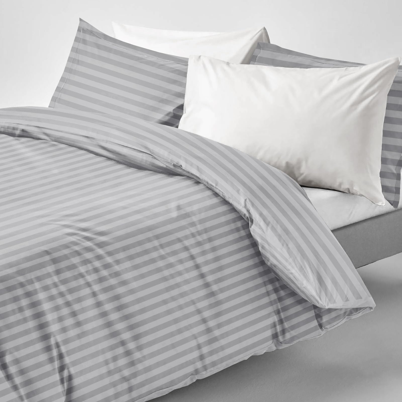 Imperial Rooms Double Duvet Set Reversible Stripes Satin Bedding Set including Pillowcases Breathable Microfiber Duvet Cover (Silver 200x200 Cm) - Image 3