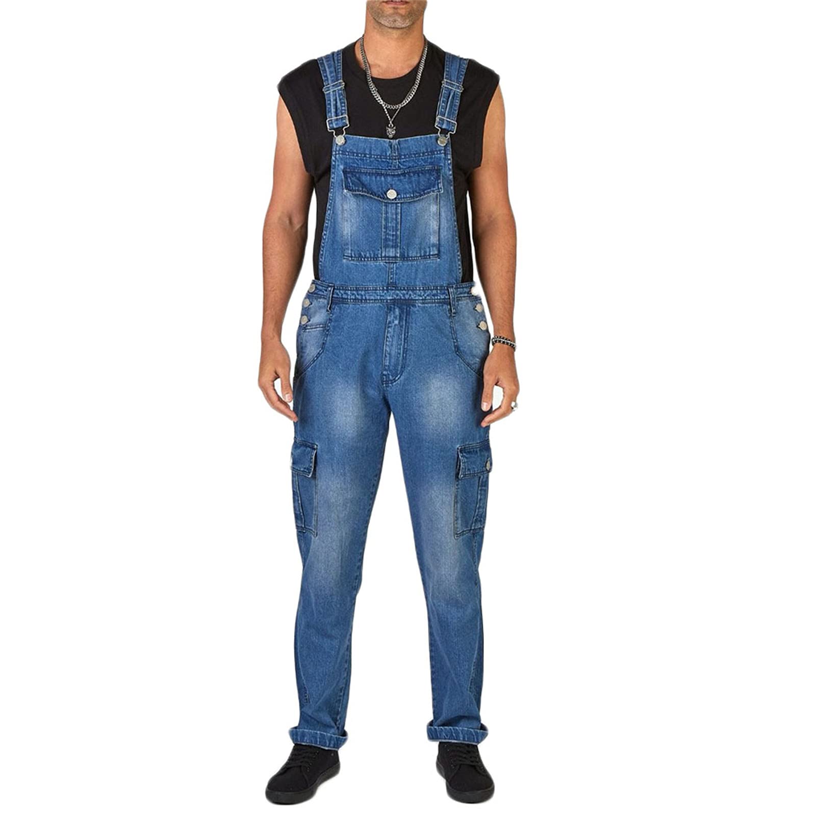 Enen Men's Blue Denim Work Overalls Bib And Brace Dungaree Overalls Trousers Casual Retro Combat Cargo Bib Overalls Jeans Jumpsuits Multi Pocket Workwear Trousers