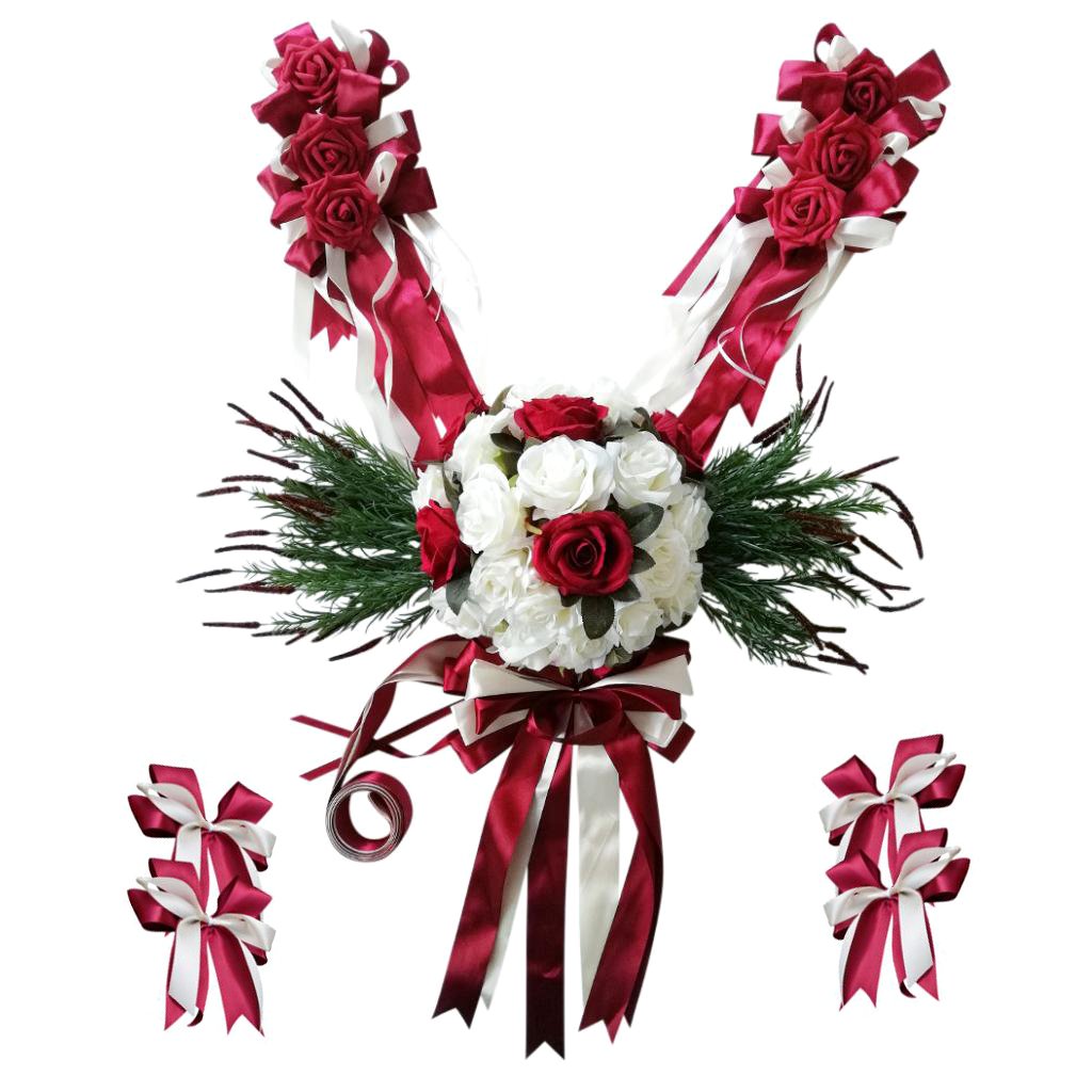12 Pièces Kit de Décorations de Voiture de Mariage Arcs Fleur en Soie Nœuds Papillon - Rouge