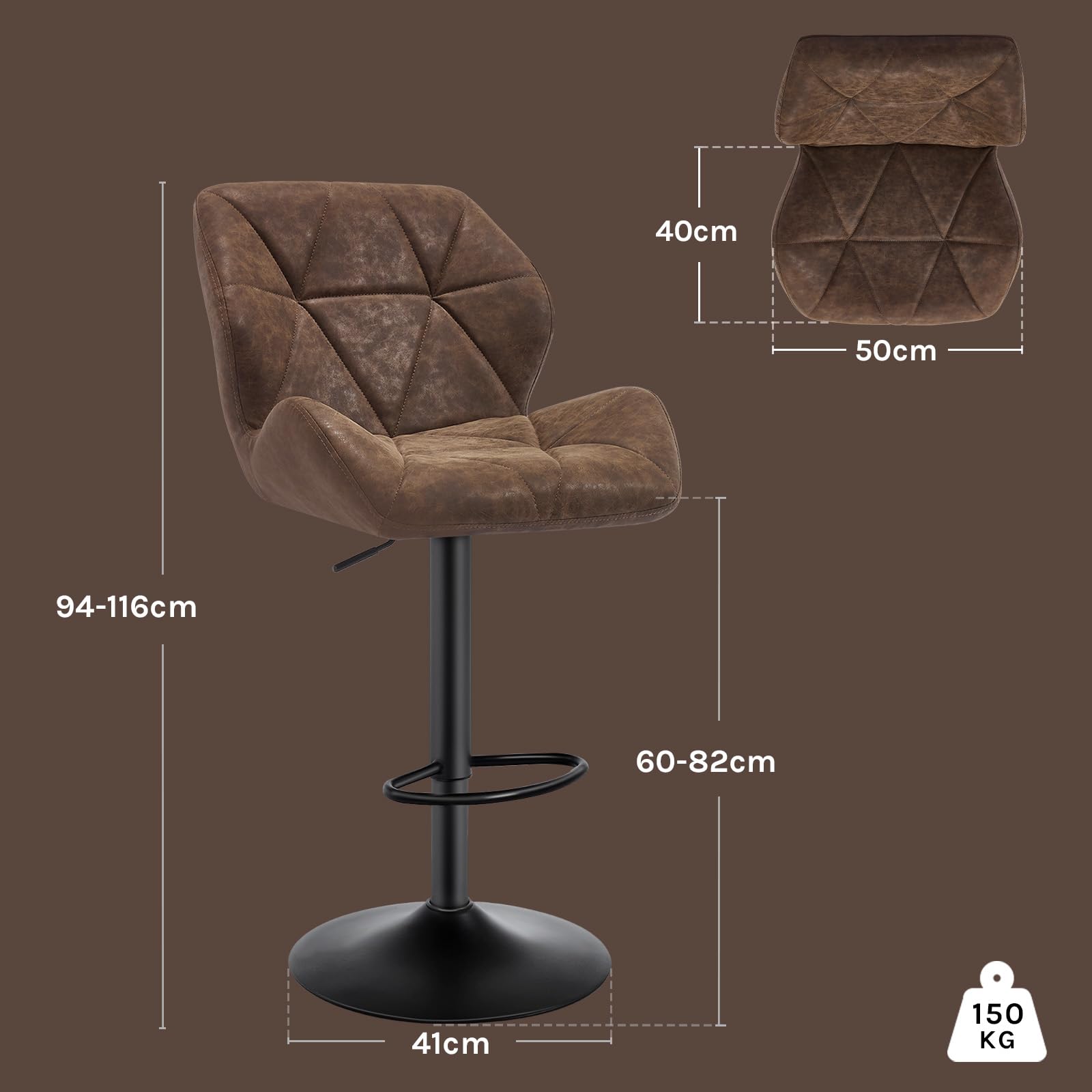 WOLTU Barhocker 2er Set Barstuhl Tresenhocker Bistrohocker Designer Hocker mit Rückenlehne, höhenverstellbar, drehbar, Kunstleder Stahl, Dunkelbraun