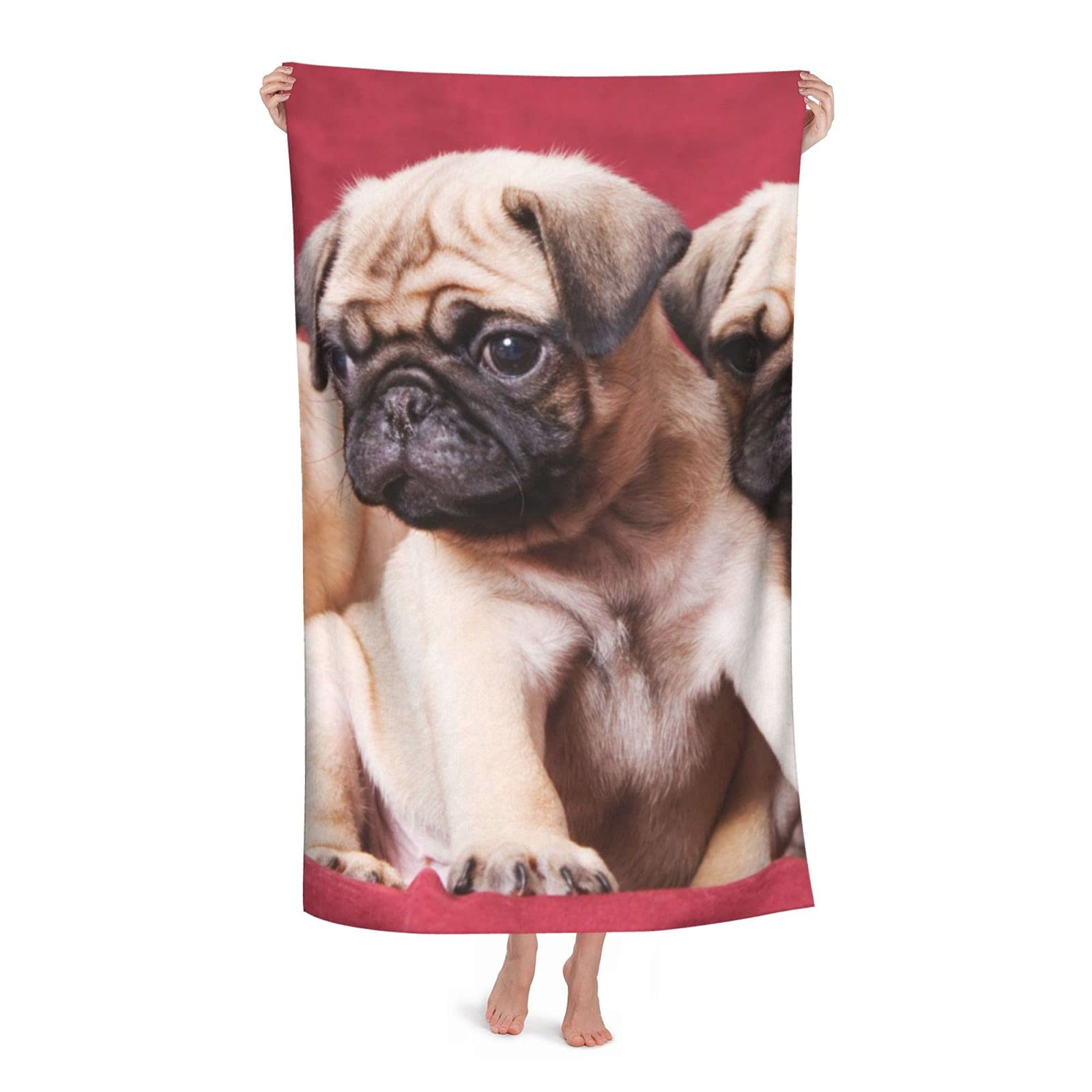 LSRCPD Three Pugs Beach Towel Highly Absorbent Microfiber Beach Blanket Soft Bath Towels 80 x 130 cm