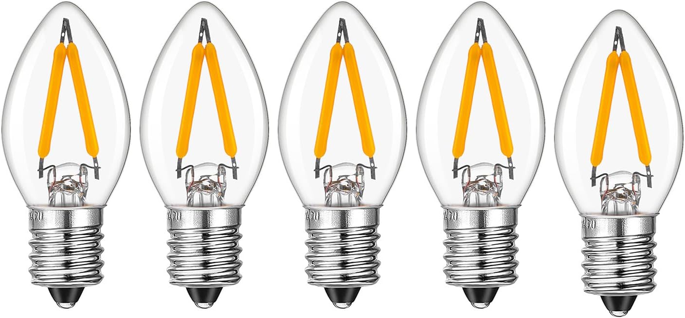 Dimmable C7 Mini Candelabra Night Bulb, LED Christmas Light Bulbs, 2700K Warm White, 1W (10W Equivalent), E12 Candelabra Base, Perfect for Holiday, Christmas, Home Decoration, 5Pack (Milky, 0.5W)