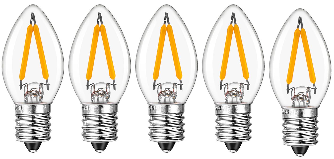 5 Pack LED C7 Candelabra Bulbs, Dimmable LED Filament Bulb, E14 Base 2200K Soft White, 120 Lumen, Night Light Bulb Edison Style Sign Light for String Lights Replacement (C7-1W)