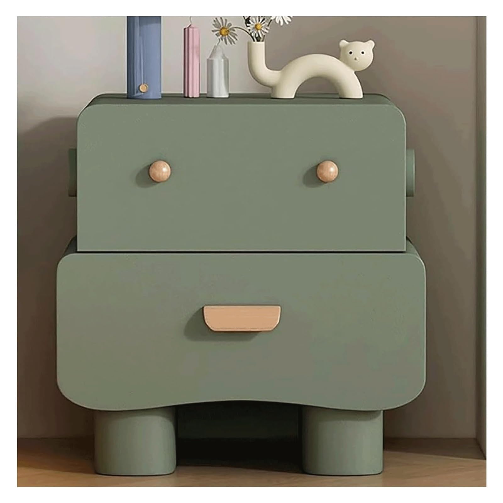 SXZenSpace Solid Wood Nightstand Creative Swivel Bedside Table with 2 Wooden Drawers Modern Dress Cute Side Luxury Cabinet(Green,35cm)