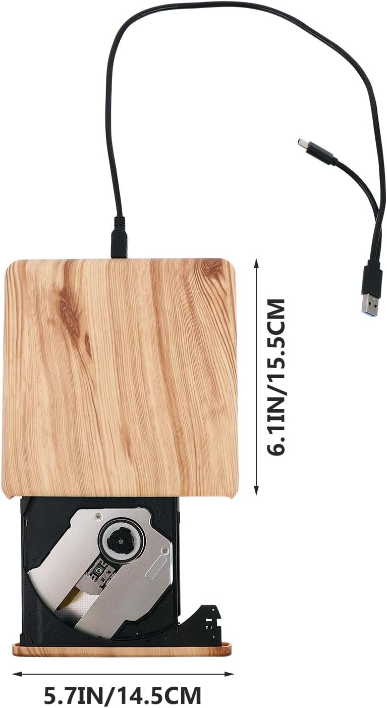 USB 3.0 Type-c External DVD CD Burner Drive Portable Optical Disc Writer for Laptop Computer, Compatible with Windows, Wood Grain Design, CD DVD ROM Play Tray