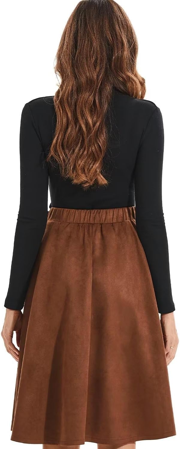 DIASHINY Faux Suede Knee Length Skirt for Women High Waist Flared Stretch A Line Midi Skater Skirts - Image 4