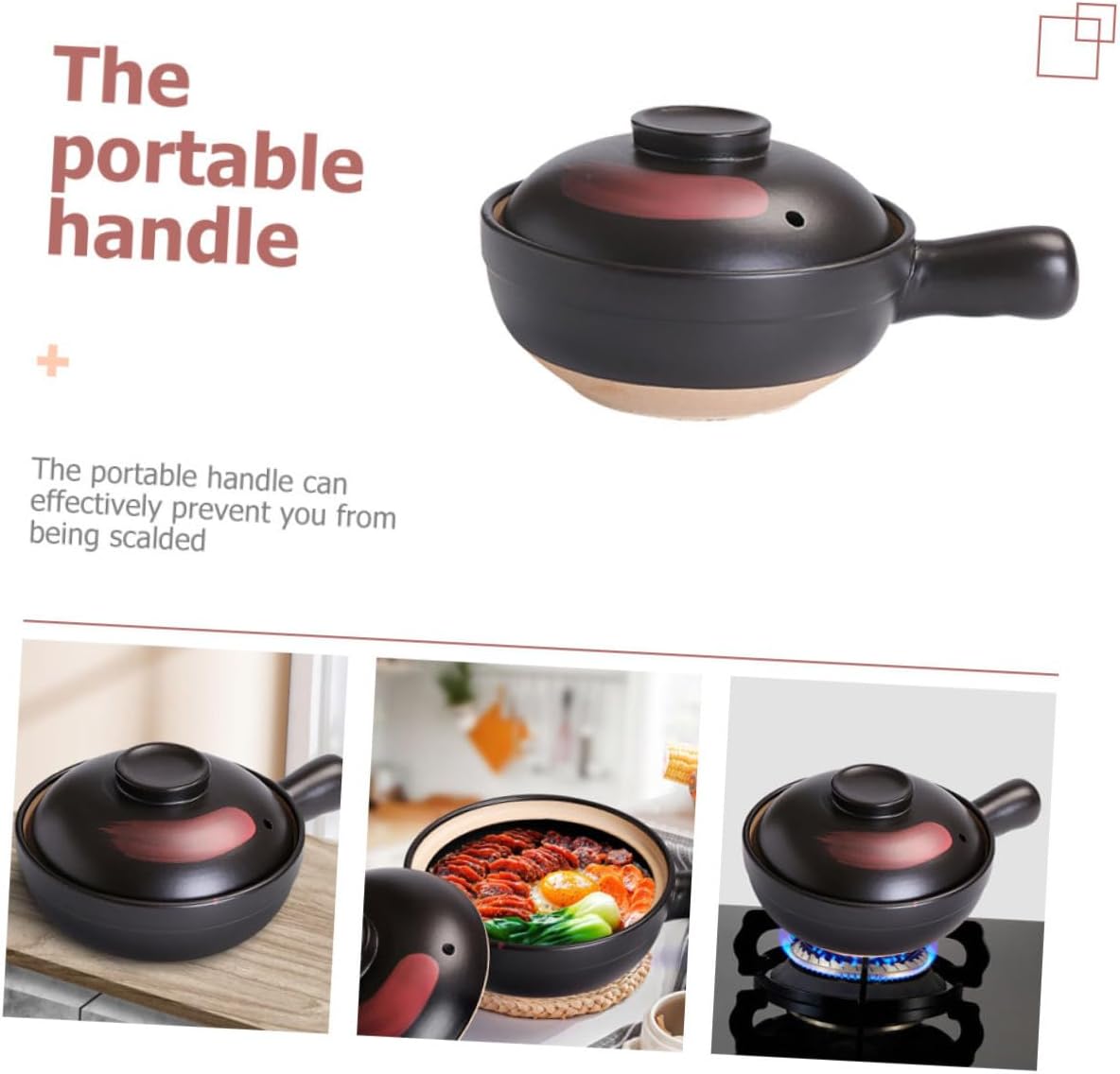 Healifty Large Black Red Brush Pattern Pottery Clay Casserole Stew Pot with Handle for Gas Stove Cooking Energy Saving Household Stew Pot for Soup Rice Braised Chicken and Healthy Meals