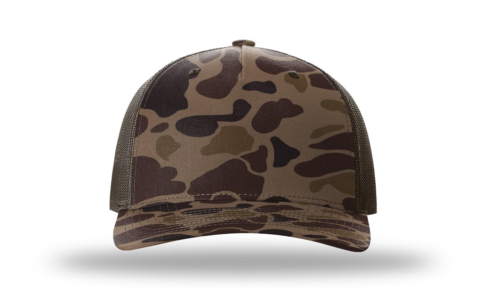 The Hat Pros Richardson 112FP & 112PFP Classic Fit Five-Panel Adjustable Snapback Trucker Cap - One Size - Bark Duck Camo/Brown