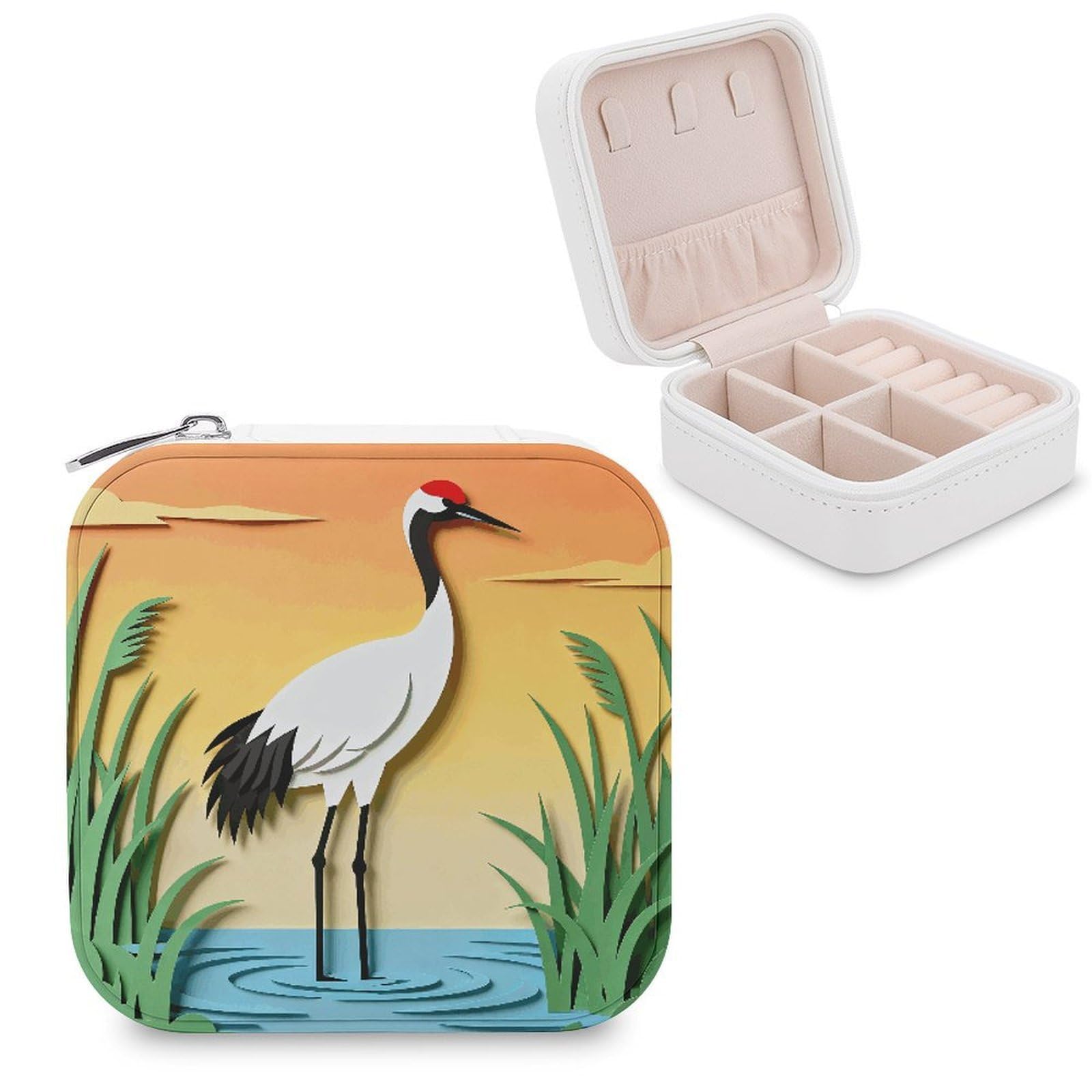 LZQPOEAS Elegant Grace of Crane Silhouette Jewelry Box, PU Patterned Storage Case, Portable Travel Jewelry Organizer Box for Storing Rings, Pendants, Earrings, Necklaces, And Women's Specialized