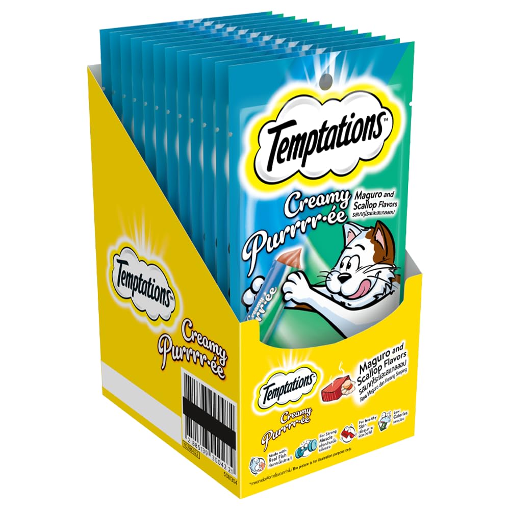 Temptations Creamy Purrrrr-ée Lickable Cat Treats, Maguro and Scallop Flavour, 48 G, (Pack of 12), Made with Real Fish, Goodness of Protein, Vitamins & Minerals, All Life Stages