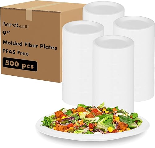 KARAT EARTH Platos de papel desechables compostables de 9 pulgadas (paquete de 500 unidades) Fibra moldeada, paquete ecológico a granel (blanco)