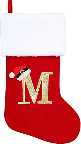 Medias de Navidad con monograma de 20 pulgadas, monograma con letras, medias de Navidad personalizadas con terciopelo rojo y blanco puños de felpa