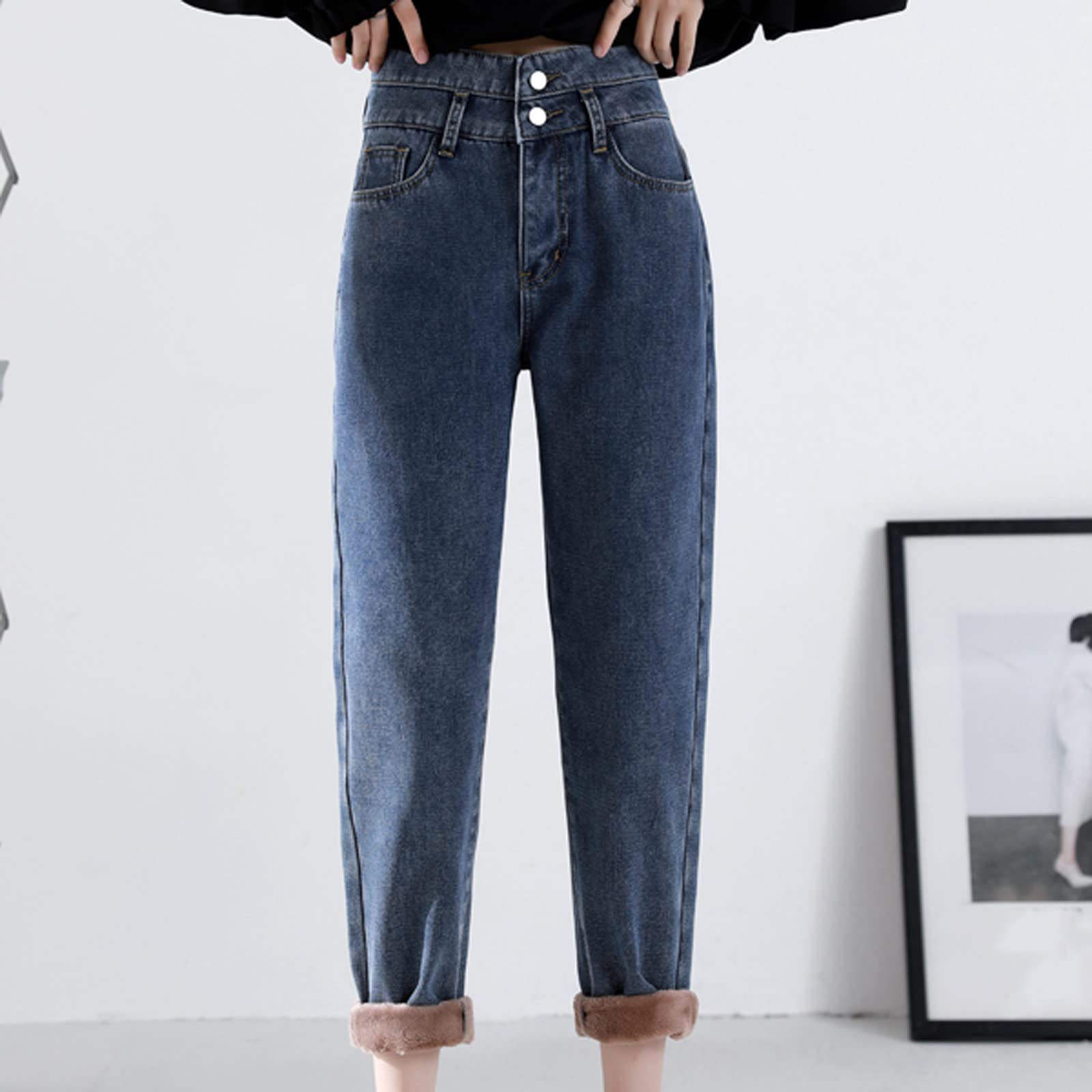 Generisch Pantalones vaqueros térmicos de invierno para mujer, cintura alta, forro polar, pierna recta, suaves y cómodos, pantalones vaqueros holgados de pierna ancha, pantalones largos para el tiempo
