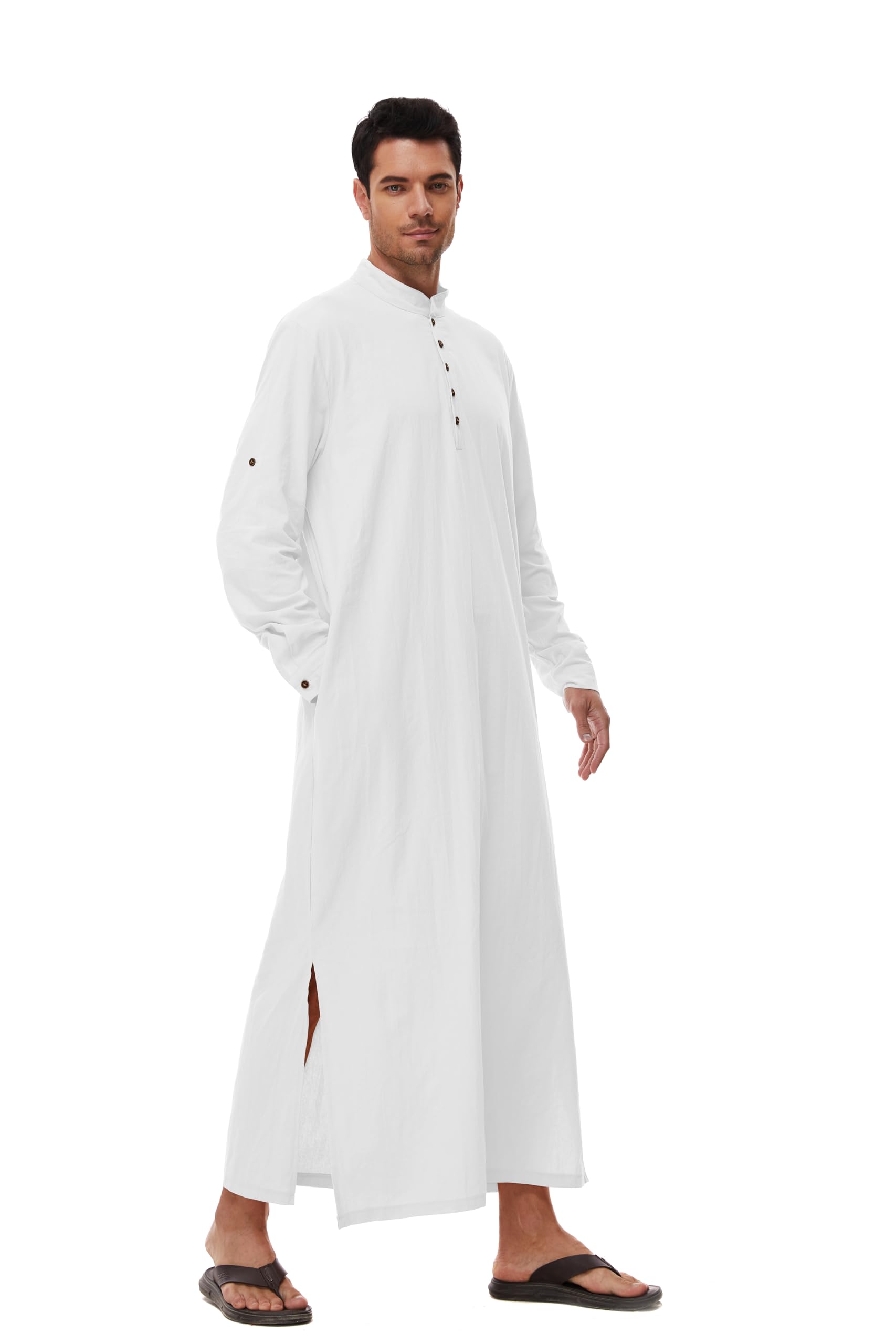 Herren Kaftan Langarm Freizeit Thobe Männer Lang mit Taschen Weiß L
