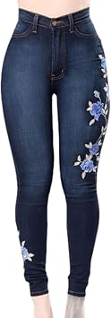 Womens Floral Embroidered Skinny Jeans Stretch Flowers Jean Trousers Leggings Mid Rise Print Slim Fit Denim Pants Dark BlueA1,X-Large