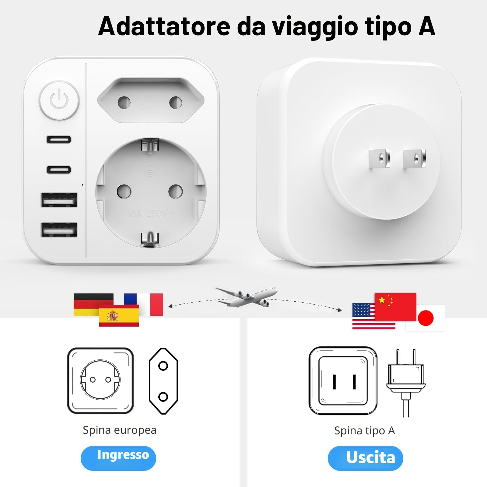 Adattatore Presa Giapponese Italiana 6 in 1 2500W Tipo A con 4 USB Viaggio Giappone