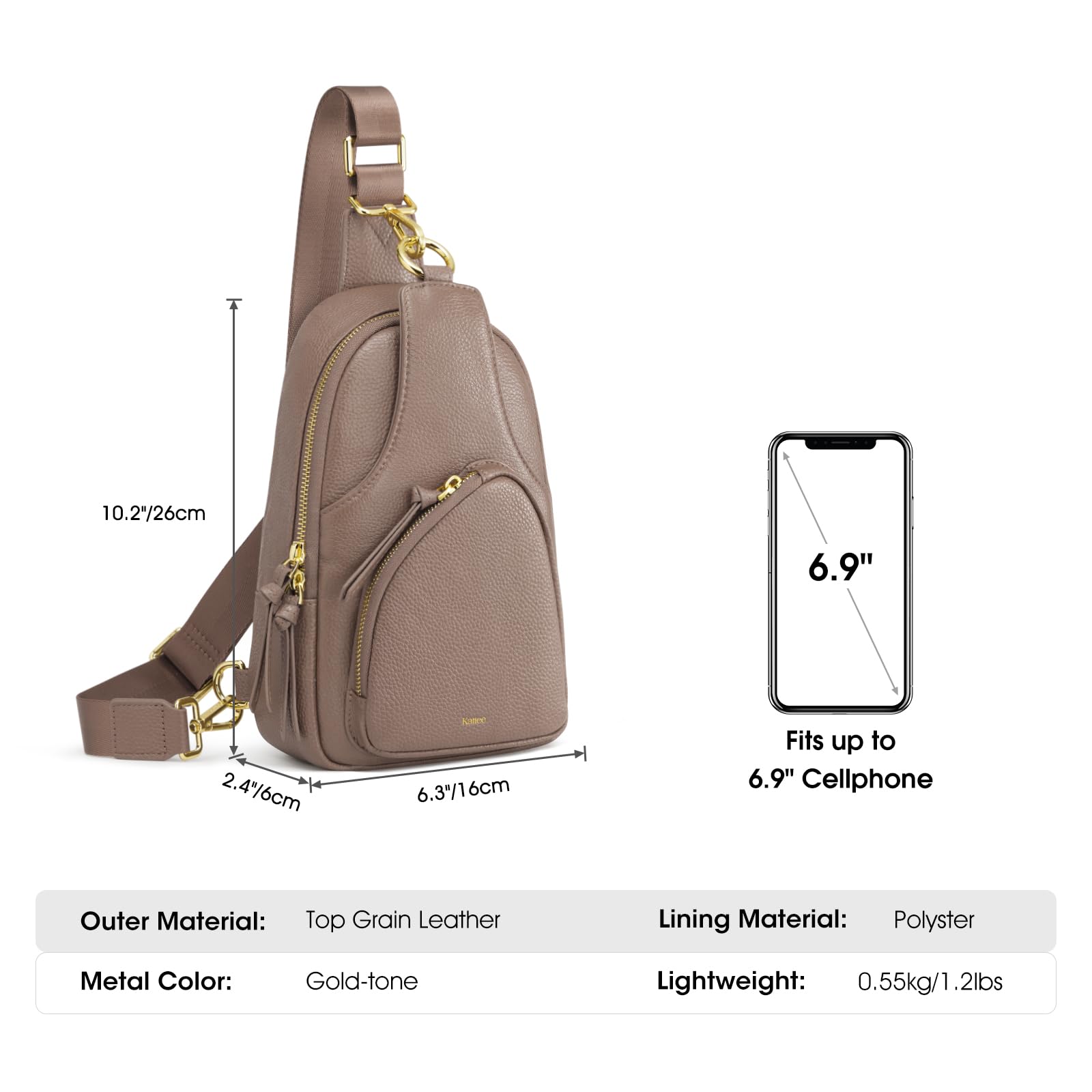 Kattee Sling Bag für Damen Gürteltasche aus Leder Kleine Brusttasche Umhängetasche mit RFID-Blockierung für Reisen und Outdoor | Gürteltasche aus genarbtem Rindsleder. Kleine Brusttasche mit RFID-Blockierung für Reisen
