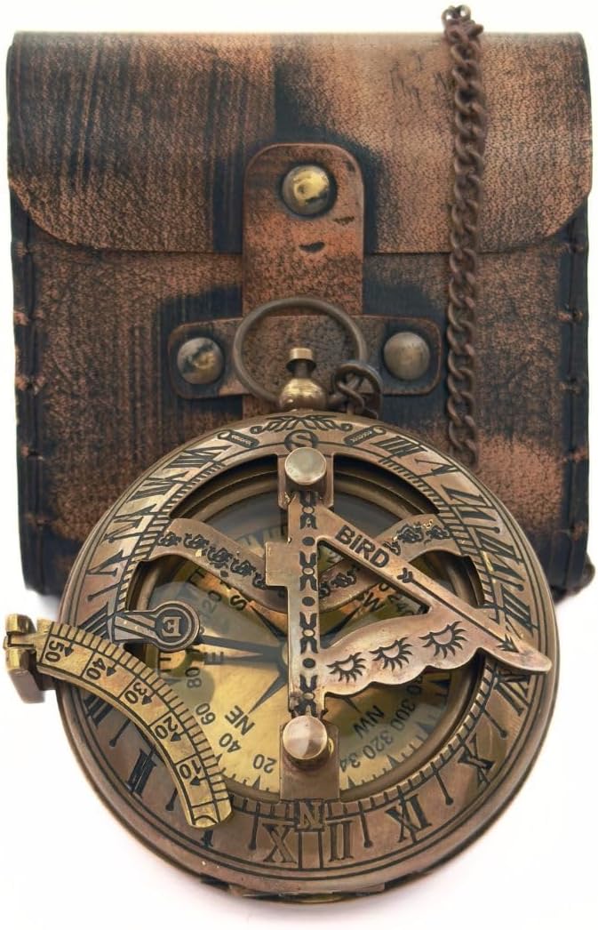 Brass Sundial Compass in Leather Case - Nautical Gifts for Men, Antique Sailing Anniversary Gadget for Him, Unusual Unique Nautical Decor, Naval Maritime Pocket Watch Clock