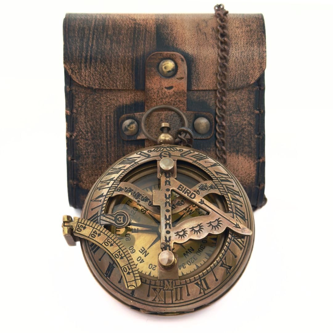 Brass Sundial Compass in Leather Case - Nautical Gifts for Men, Antique Sailing Anniversary Gadget for Him, Unusual Unique Nautical Decor, Naval Maritime Pocket Watch Clock